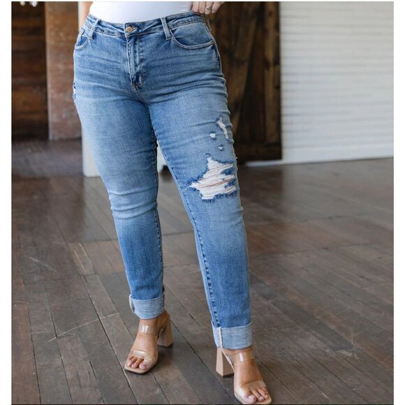 Judy Blue Denim - Judy Blue Distressed Boyfriend Jeans Medium Blue Size 15/32